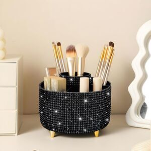Diesisa 5 Slot Makeup Brush Diamond Black Cup 360° Rotating Makeup Brush Holder